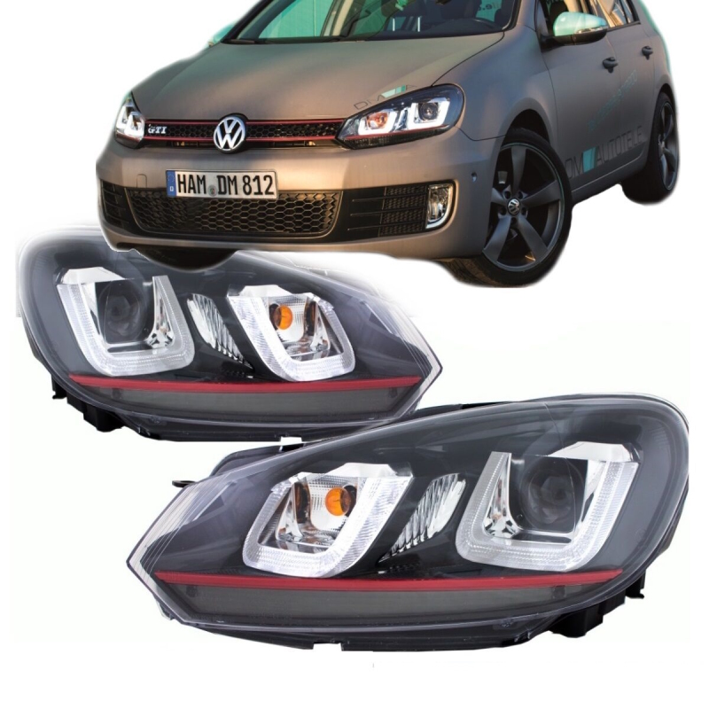 Scheinwerfer SET Rote Leiste 3D TFL U LED passt für VW Golf 6 ab 2008-2012