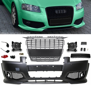 Set badgeless honeycomb Front Grille +Fog Lights Cover Black gloss fits on  Audi A3 8P Facelift up 2008-2013 with standard Bumper