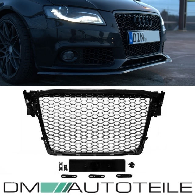 Front Grille honeycomb black gloss+ license plate holder suitable for Audi  A4 B8 08-12 + RS4
