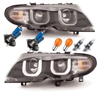 Set 3U headlights Set black + xenon bulbs 8500K Set fits BMW E46 LHD
