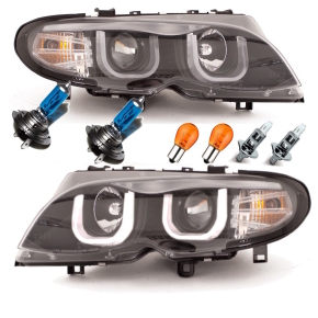 Set 3U LED headlights Set black + xenon bulbs 8500K Set...