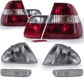 Facelift Set Rot Weiß Rückleuchten + Frontblinker + Seitenblinker Rot Weiß passt für BMW 3er 98-01 Limousine