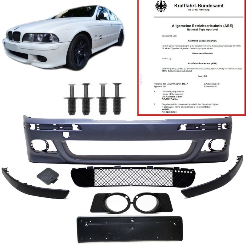 Set BMW E39 Sport Front Bumper black for headlight washer + Park assist +  accessories for M-Sport M5 + bolts