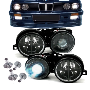Depo headlights with crosslines black H1/H1 fits on BMW 3er E30 82-94 + 4x H1 brand bulbs