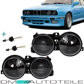 Depo headlights with crosslines black H1/H1 fits on BMW 3er E30 82-94 + 4x H1 brand bulbs
