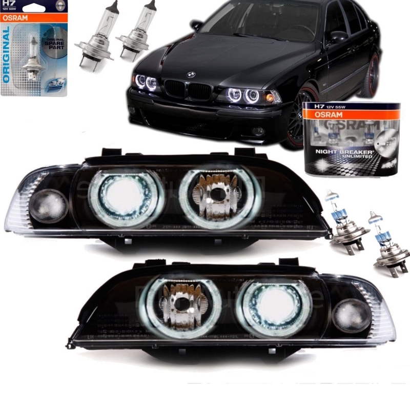 Set BMW E39 Angel Eyes headlights black H7/H7 95-00 Facelift design + 4x H7  Osram bulbs