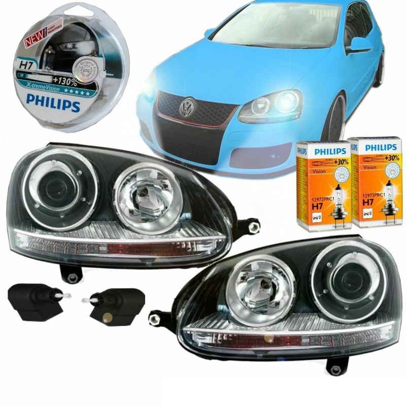 Set VW Golf 5 V GTI look headlights halogen black H7/H7 0308 + 4x H7 Philips bulbs