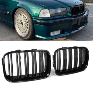 Set 91-96 Front Grille Dual Slats black Gloss fits on BMW 3-series E36