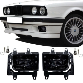 2x Nebelscheinwerfer Schwarz Echtglas +Set H3 passt für BMW E30 Facelift ab 1987