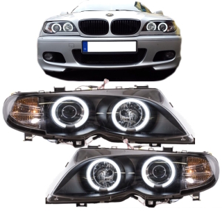 Set Saloon Estate CCFL Angel Eyes headlights H7/H7 black fits on BMW E46 01-05