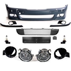 Set Sport Front Bumper primed for headlamp washer without park assist + fog lights clear glass fits on BMW E39