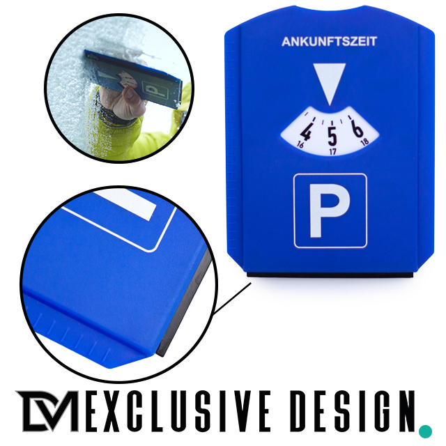 DM Exclusive Design+ Parkscheibe 6 in 1 Parkuhr +Reifenprofiltiefenmesser,  Eiskratzer und Einkaufswagenchip Kunststoff blau fürs Autos