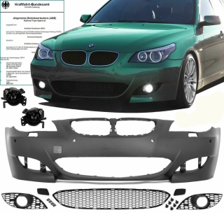 Set Sport Front Bumper black for headlamp washer / park assist + fog lights fits on BMW 5-Series E60 E61  without M5+ accessories 03-07