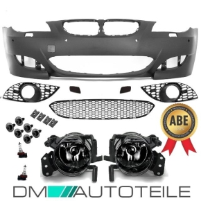 Set Sport Front Bumper black for headlamp washer / park assist + fog lights fits on BMW 5-Series E60 E61  without M5+ accessories 03-07