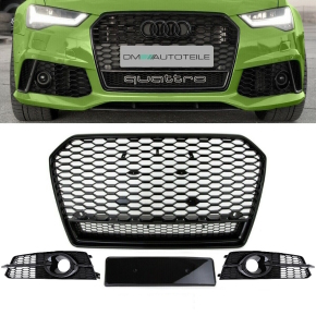 Set Wabengrill Kühlergrill + Gitter schwarz glanz...