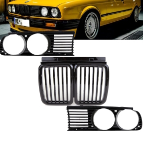 Set of Front Kidney Grille + Headlamp Cover black gloss...