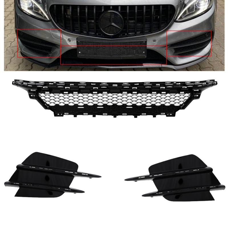 Set of Black Ediition Front lower Grille + Fog lights cover gloss fits on  Mercedes W205