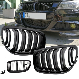 2x Kühlergrill Schwarz Hochglanz Doppelsteg passend für BMW 3er E90 E91 auch LCI 08-11 FACELIFT