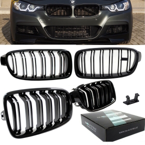 2x Kühlergrill Schwarz Hochglanz Doppelsteg passend für BMW 3er E90 E91  auch LCI 08-11 FACELIFT