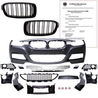 Sport Front Bumper PDC +Kidney Grille Black Gloss fits on BMW F30 F31 + M-Sport