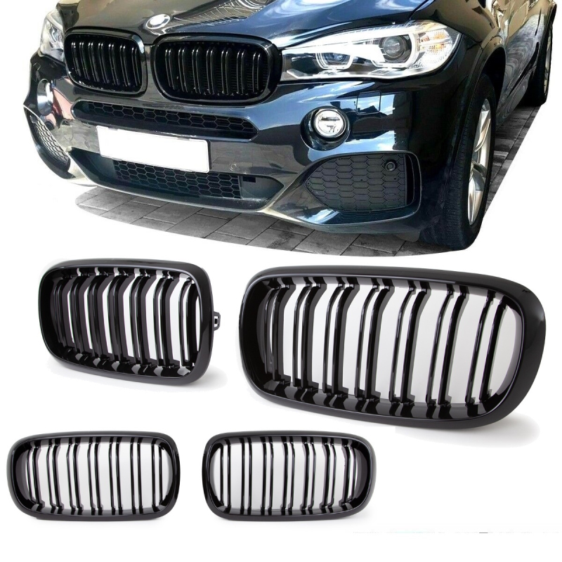 Dual Slat Kidney Front Grille Black Gloss fits on BMW X5 F15 + X6 F16 up  2013 without Camera