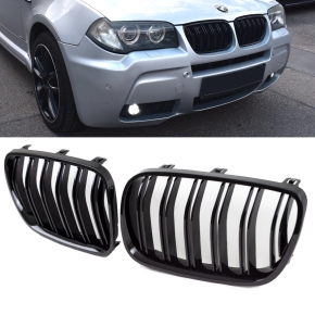 Set Front Dual Slat Kidney Grille black Gloss fits on BMW X3 E83 LCI Facelift 06-11