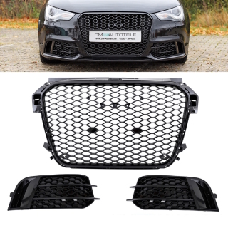 Set Kühlergrill Waben Grill + Gitter Nebel Schwarz hochglanz passt für Audi A1 8X 2010-2015 auch quattro
