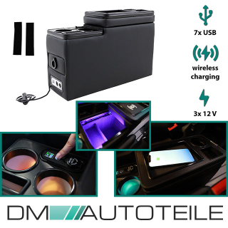 Black Edition Staufach Mittelkonsole Ablage für VW T5 03-09 mit RGB  Farbwechsel-LED Beleuchtung, USB und Induktions-Ladestation