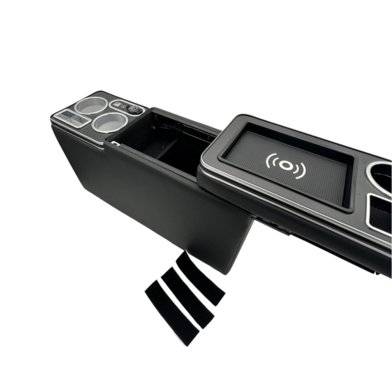 Black Edition Staufach Mittelkonsole Ablage für VW T5 GP (Facelift) 10-15  mit RGB Farbwechsel-LED Beleuchtung, USB und Induktions-Ladestation