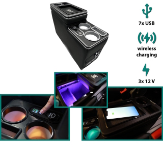 Black Edition Staufach Mittelkonsole Ablage für VW T5 03-09 mit RGB  Farbwechsel-LED Beleuchtung, USB und Induktions-Ladestation