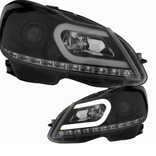 Mercedes W204 headlights Set black 11-14 H7/H1 light bar daytime running lights + LED indicators